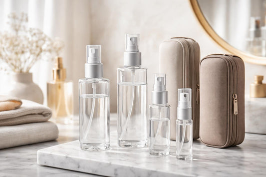 refillable cosmetic spray bottles in various sizes and protective cases