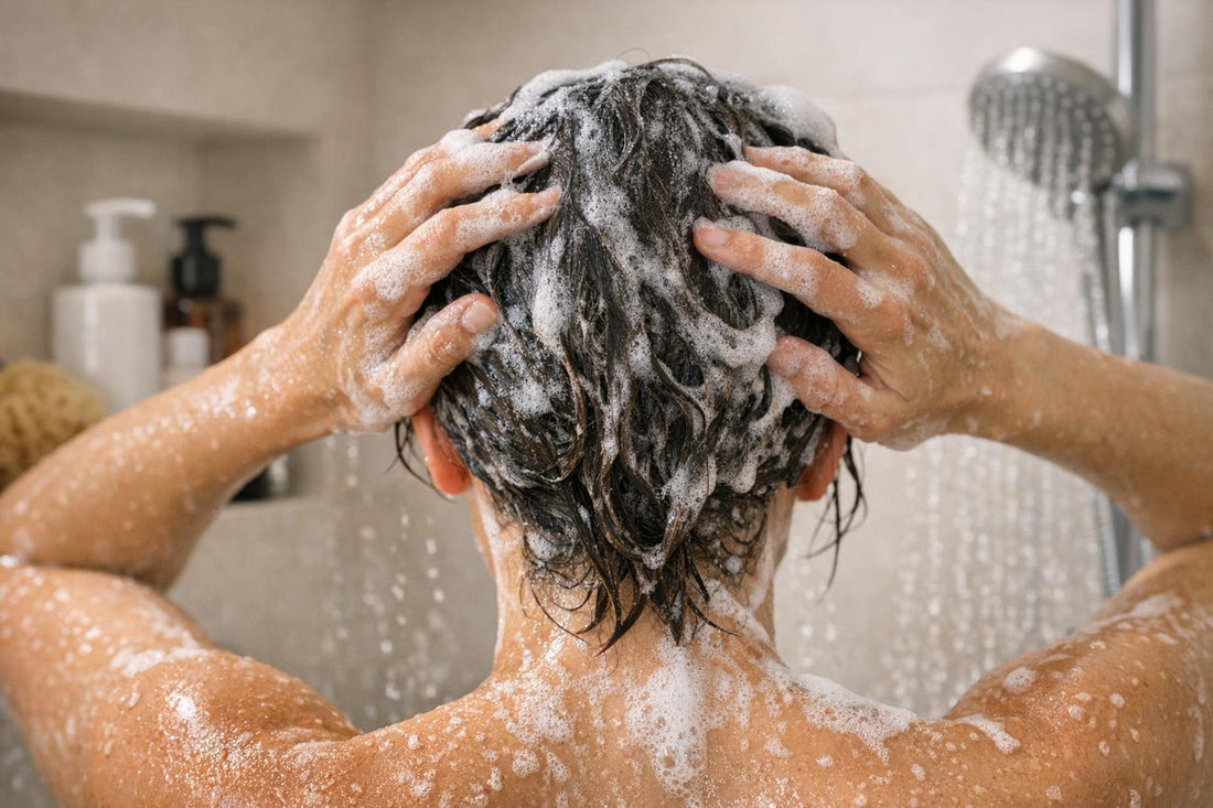 Person massaging scalp while using regrowth shampoo in shower