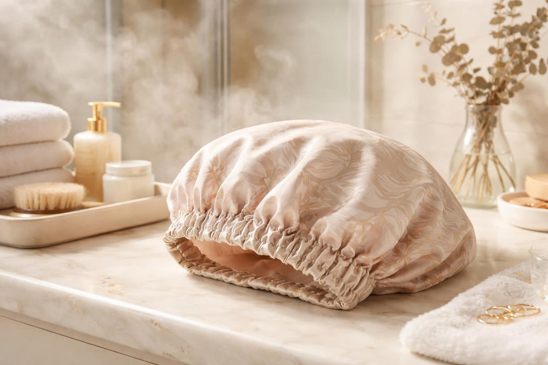 Reusable shower cap protecting hair from steam in bathroom