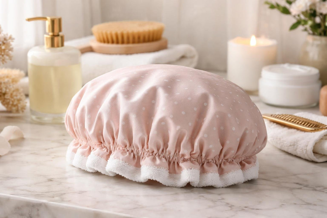Reusable shower cap fitted securely to keep hair dry