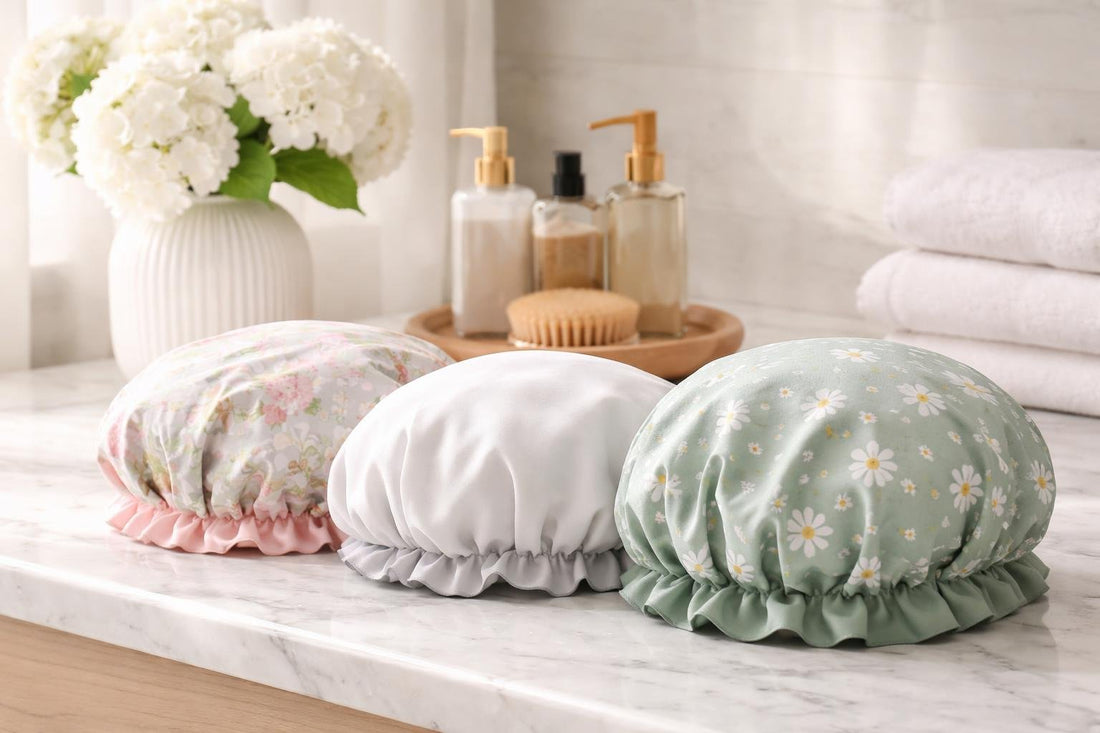Reusable shower caps for long hair displayed on shelf