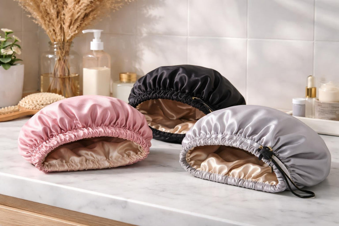 Reusable shower caps for long hair waterproof satin lined