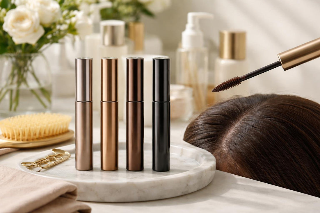 Applying root touch up hair mascara at the part line