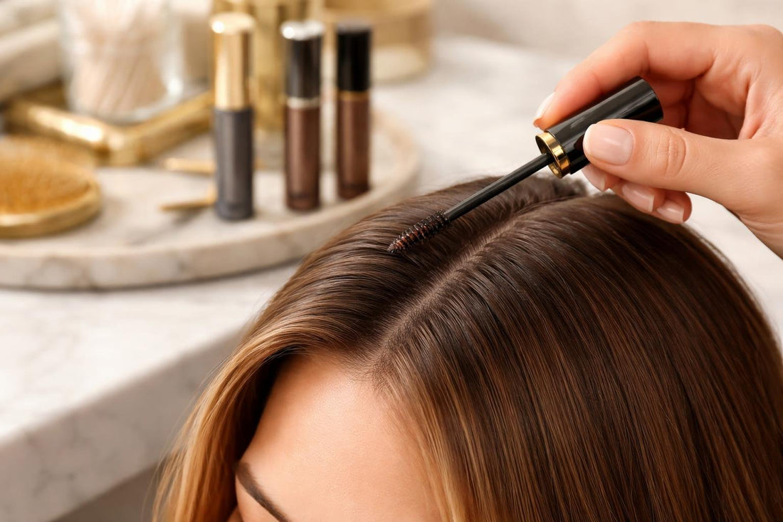 Applying root touch up hair mascara along the part line