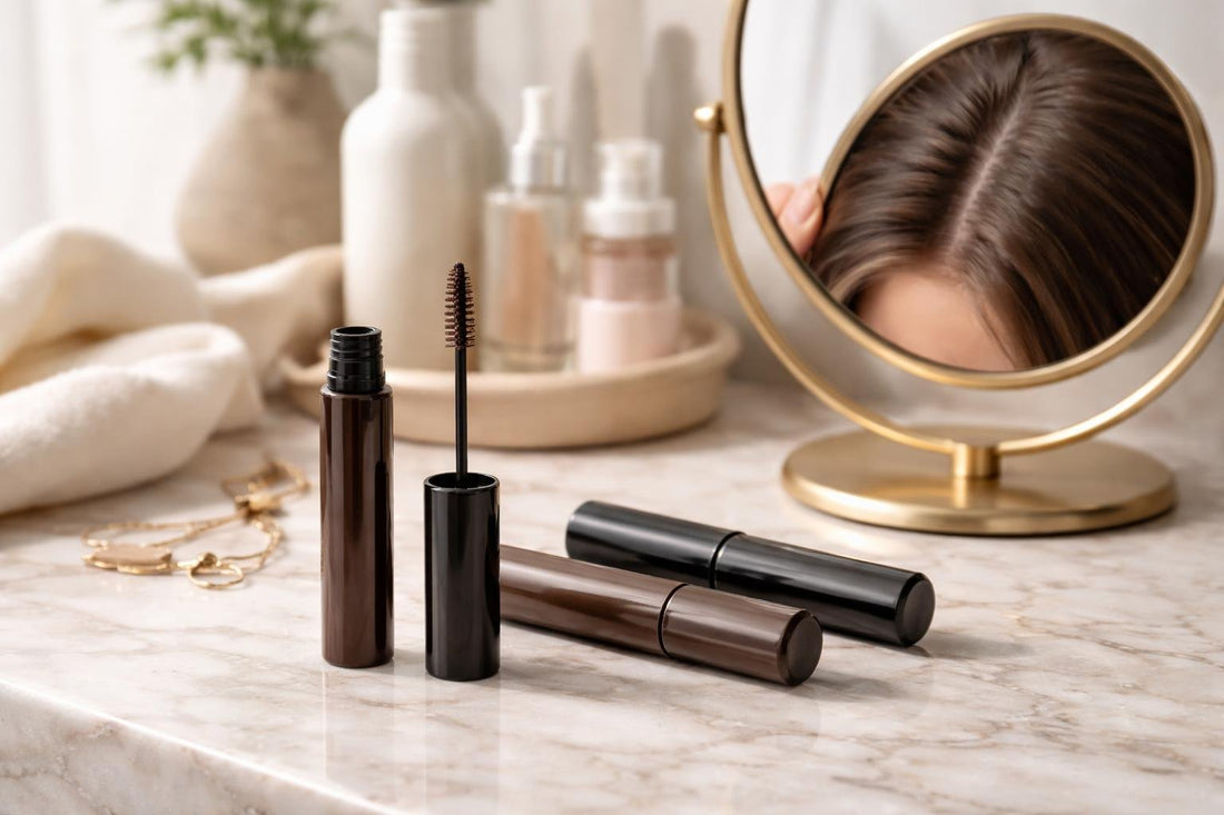 Root touch up hair mascara applied along part line