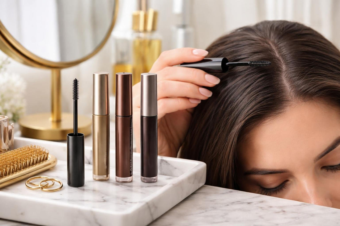 Applying root touch up hair mascara at the part line
