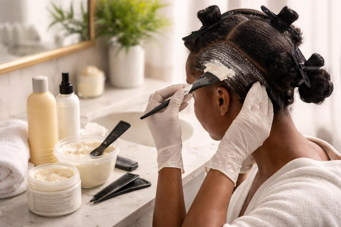 Beginner applying hair relaxer safely with sectioned hair