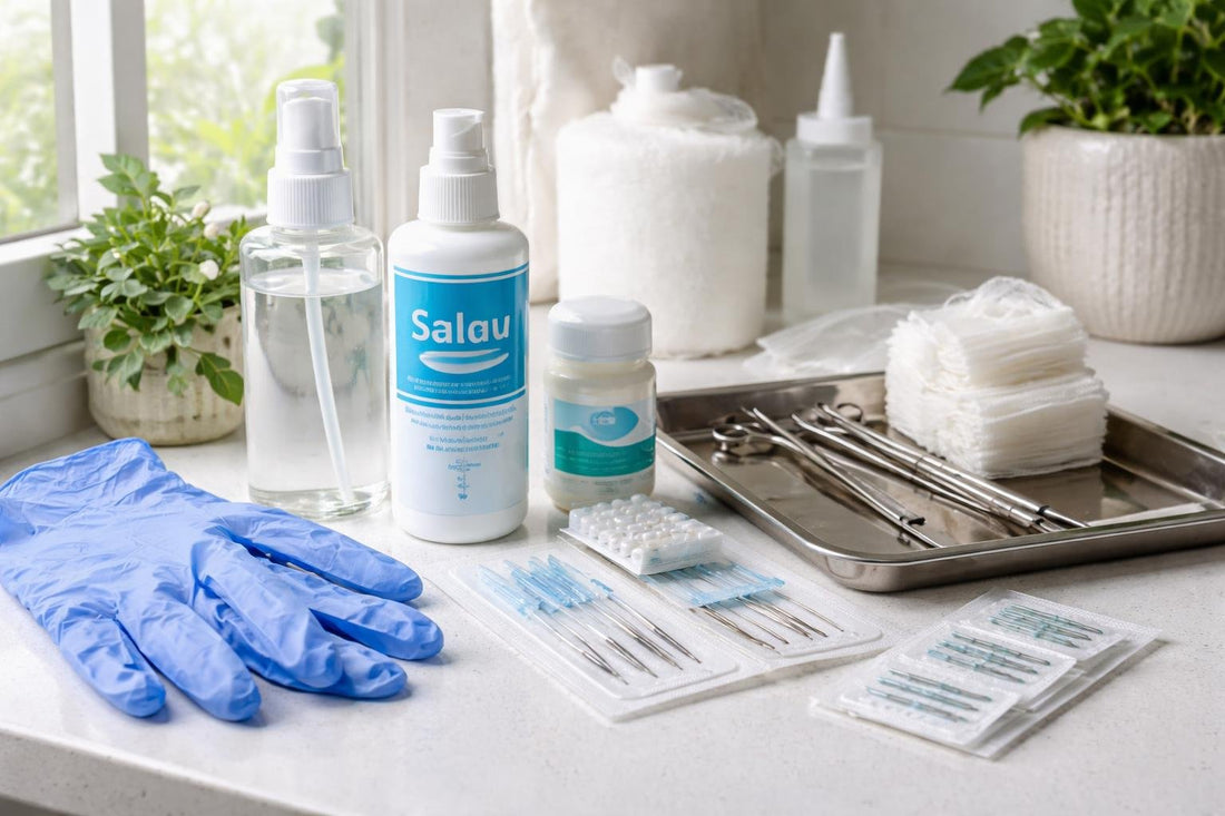 Clean at-home setup with gloves, saline, and gauze