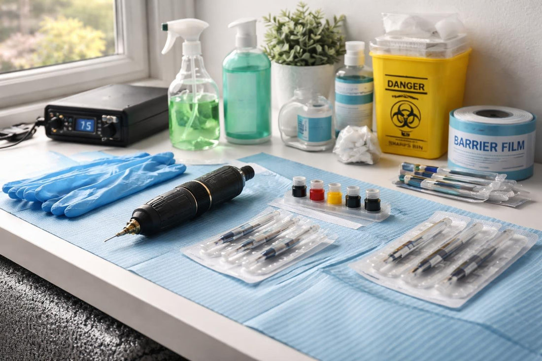 Clean home tattoo workstation with gloves, barriers, sterile needles