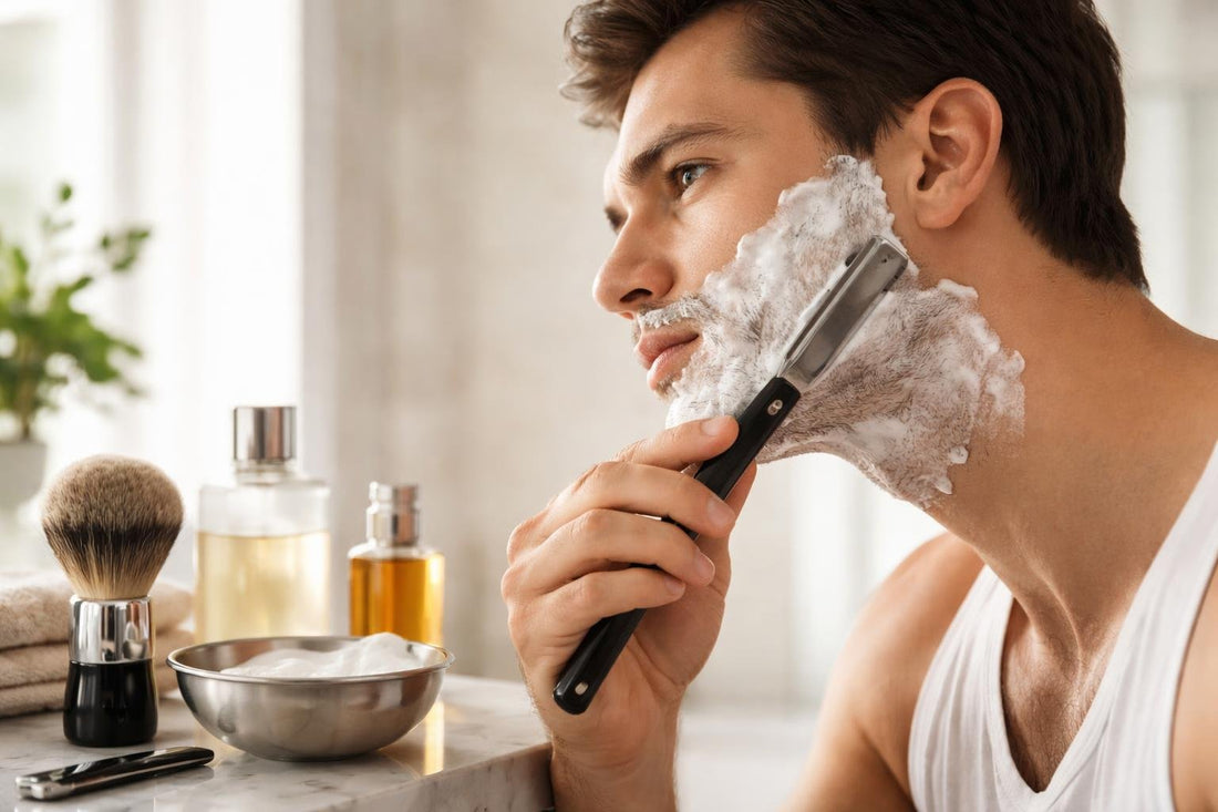 Man using a straight razor with safe shaving angle