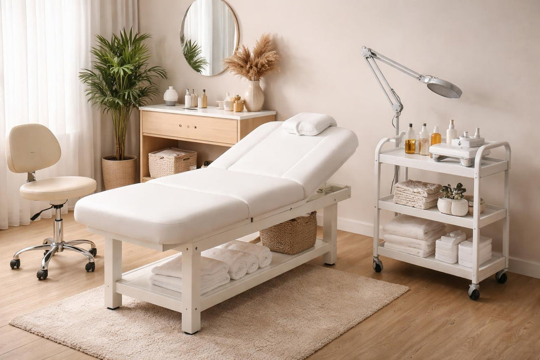 compact salon bed and portable spa equipment in studio