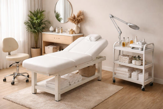 compact salon bed and portable spa equipment in studio
