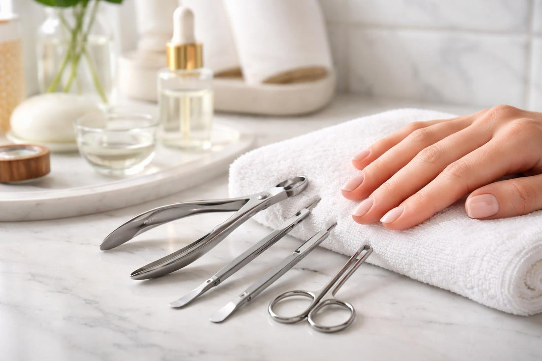 Sanitized professional cuticle tools beside clean, moisturized nails