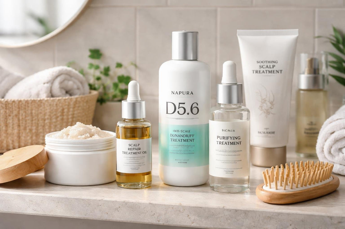 professional scalp treatment products on bathroom shelf