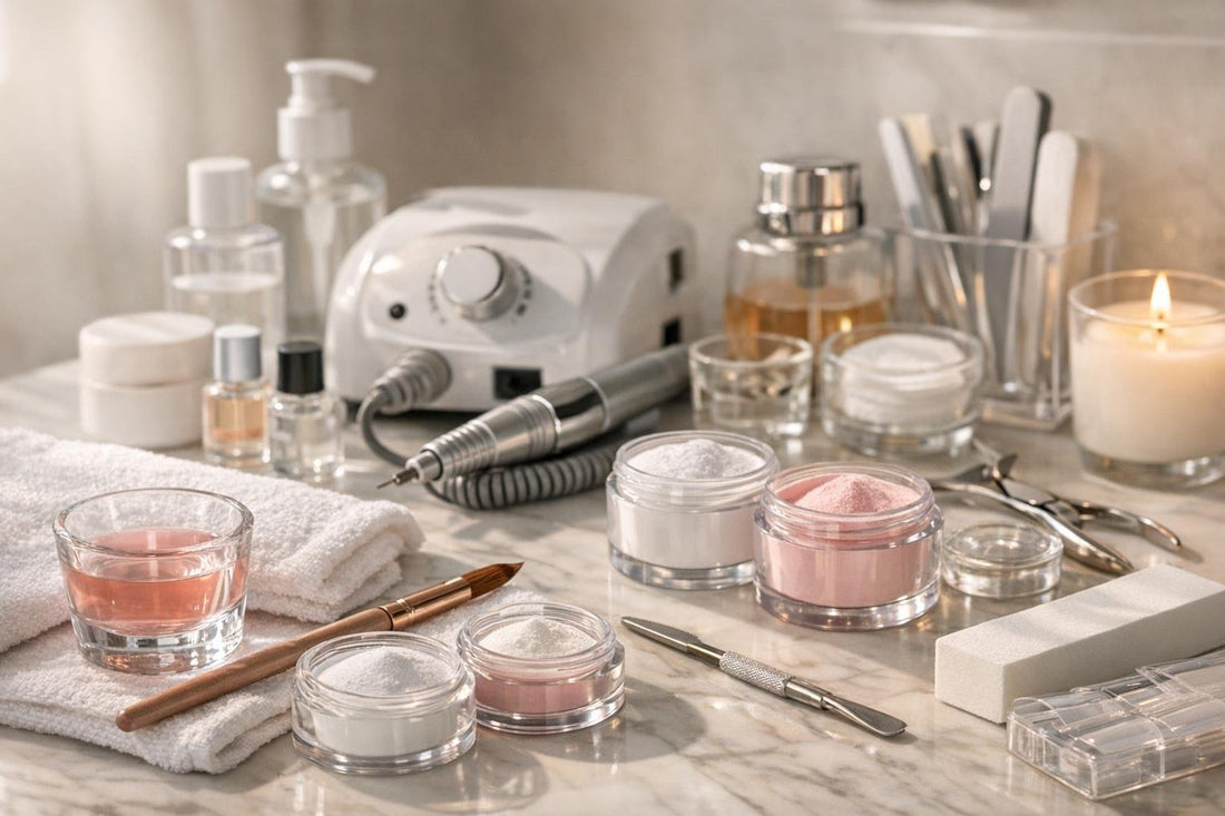 Seasonal at-home acrylic nail tools laid out neatly