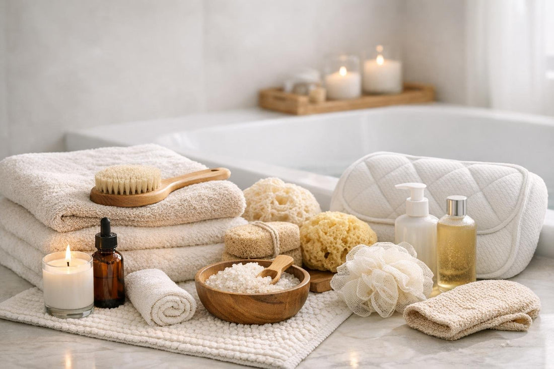 Seasonal bath accessories arranged beside towels and a bath mat