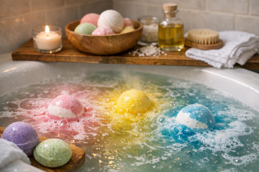 Colourful bath bombs fizzing in warm tub water