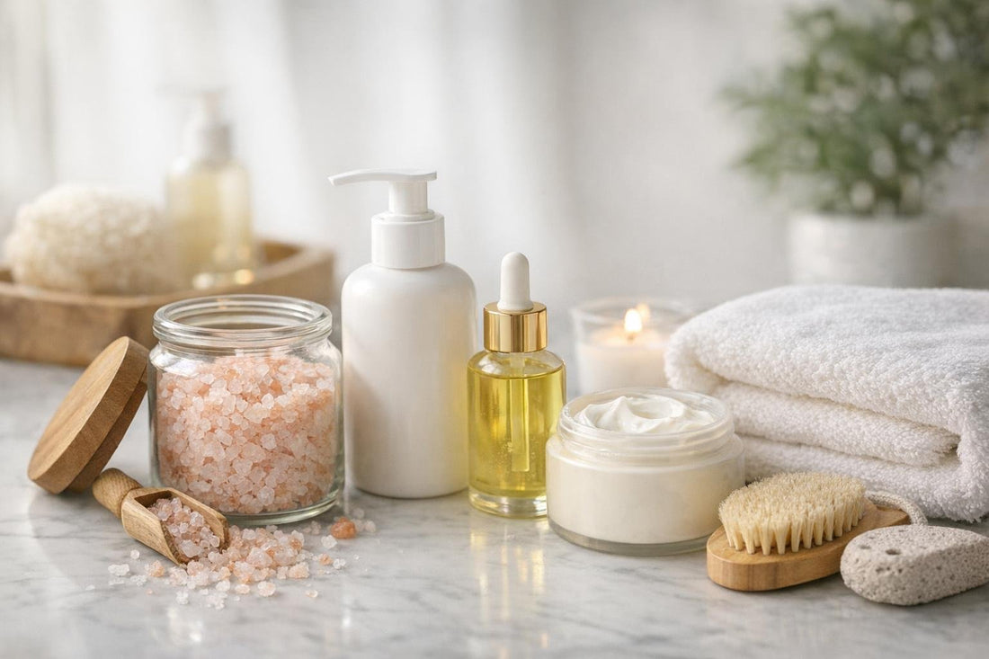 Seasonal bath essentials arranged with lotion, salts, and towel