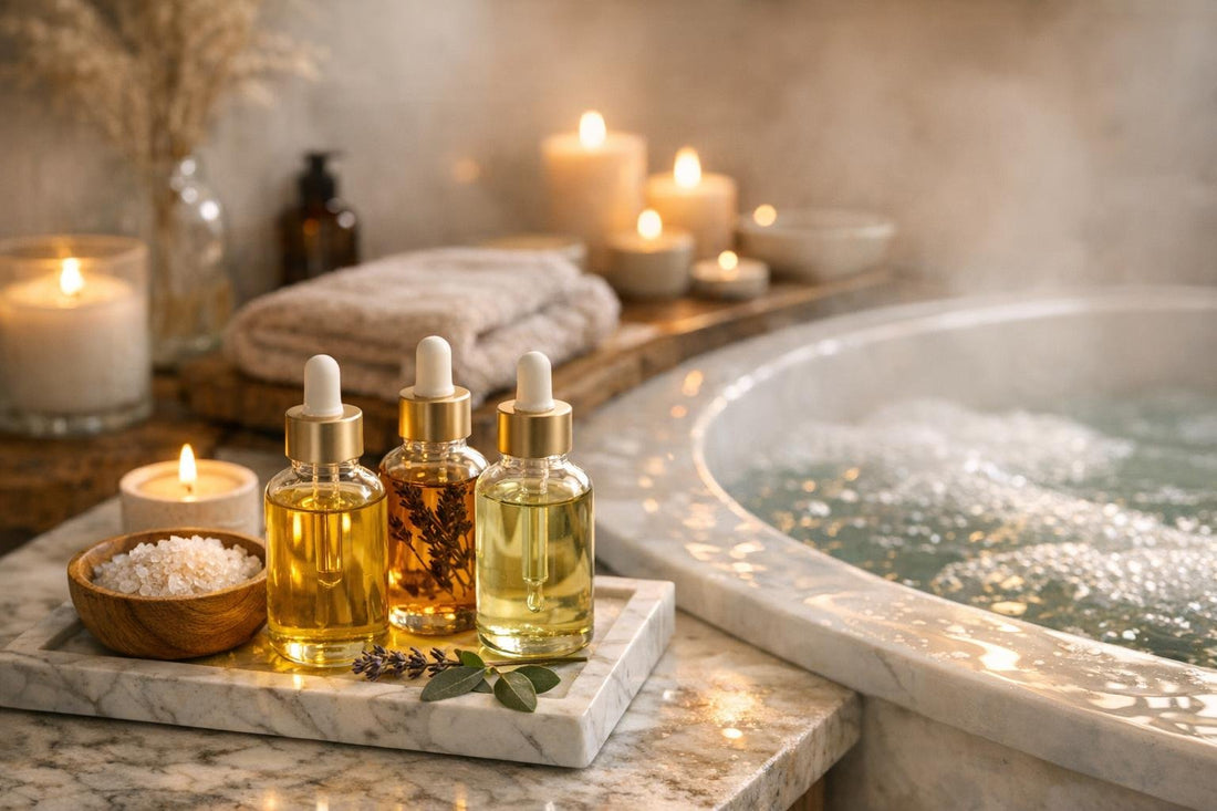 Seasonal aromatherapy bath oils beside a warm relaxing bath