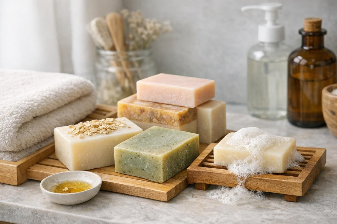 Seasonal bath soaps arranged beside towel and wooden tray