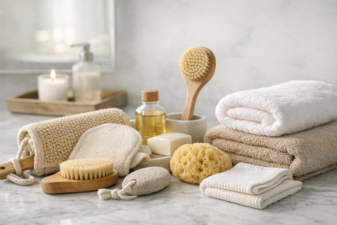 Seasonal bathing accessories arranged beside towels and washcloths