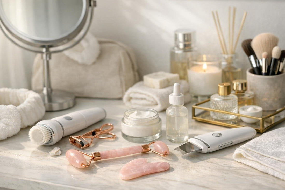 Seasonal beauty tools and accessories laid out on vanity