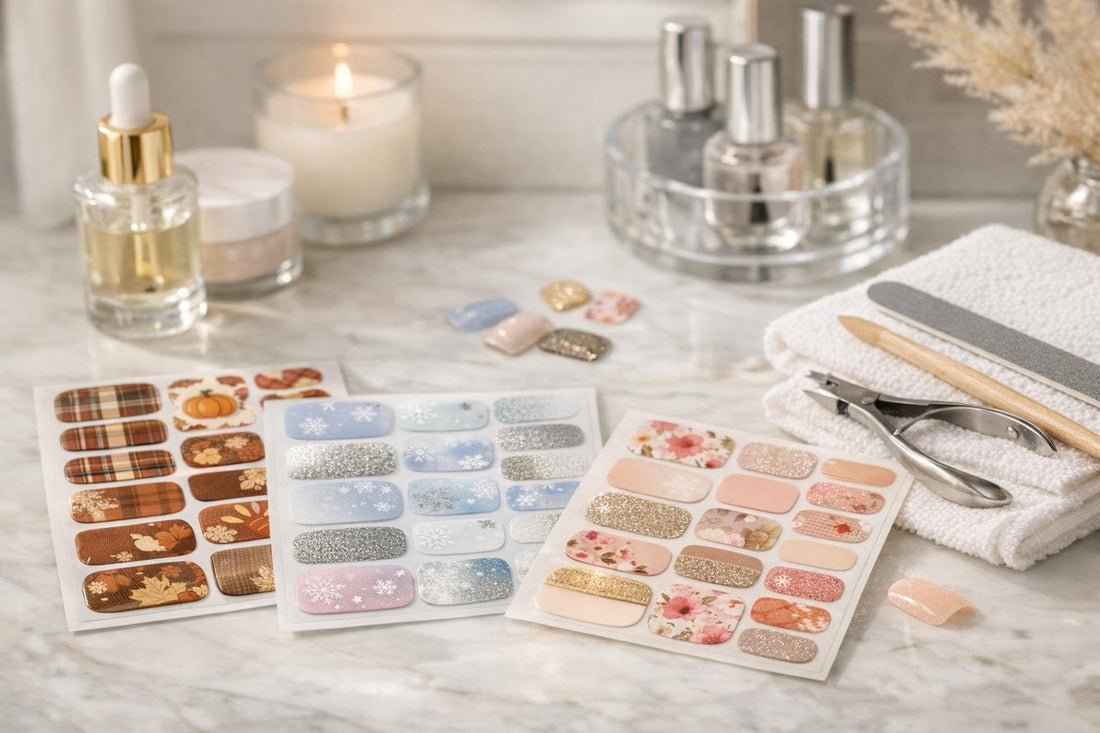 Seasonal Bellavia nail art wraps applied at home