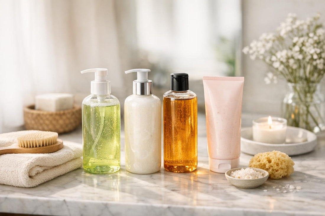 Seasonal body cleansers lined up for fresh, soft skin