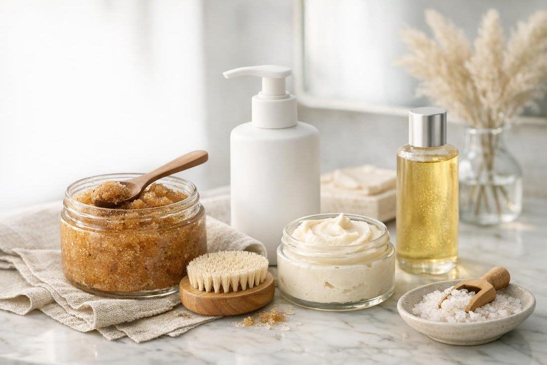 Body scrub and lotion routine for smoother seasonal skin