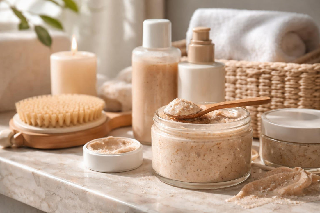 Exfoliating body scrub on damp skin for seasonal softness