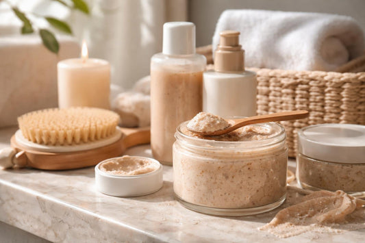 Exfoliating body scrub on damp skin for seasonal softness