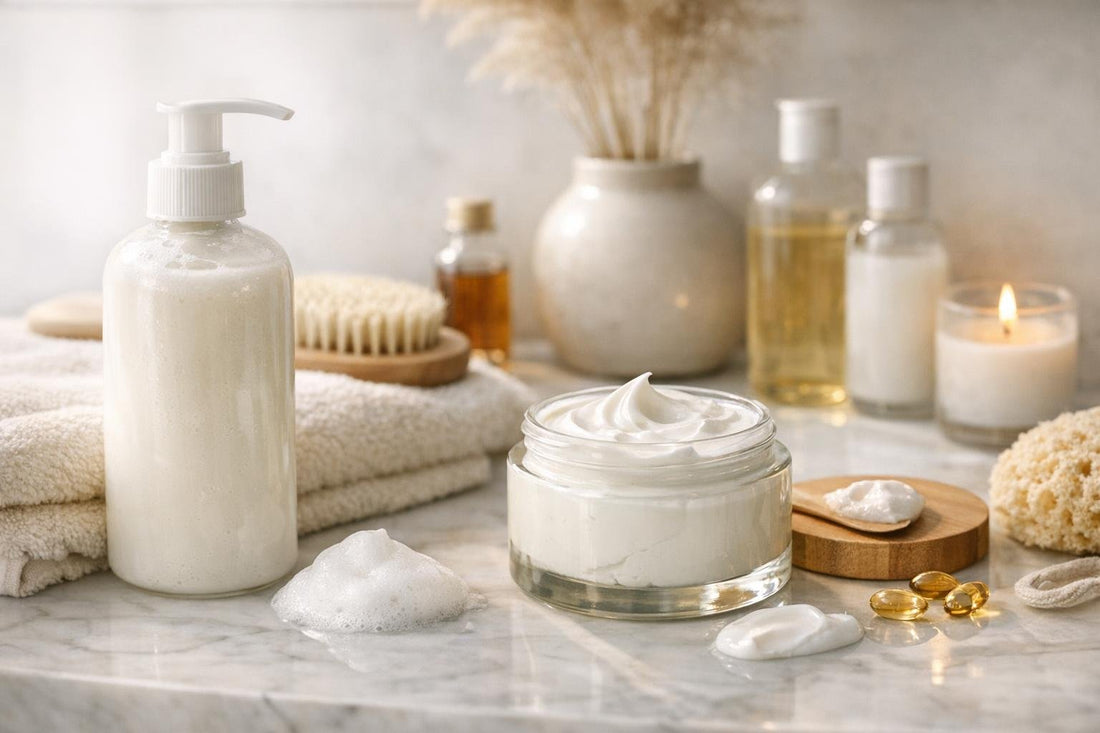 Seasonal body skincare routine with cleanser and moisturizer