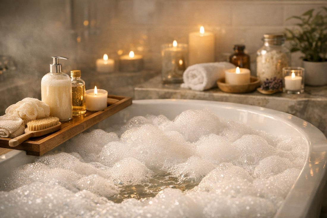 Seasonal bubble bath with rich foam in warm tub