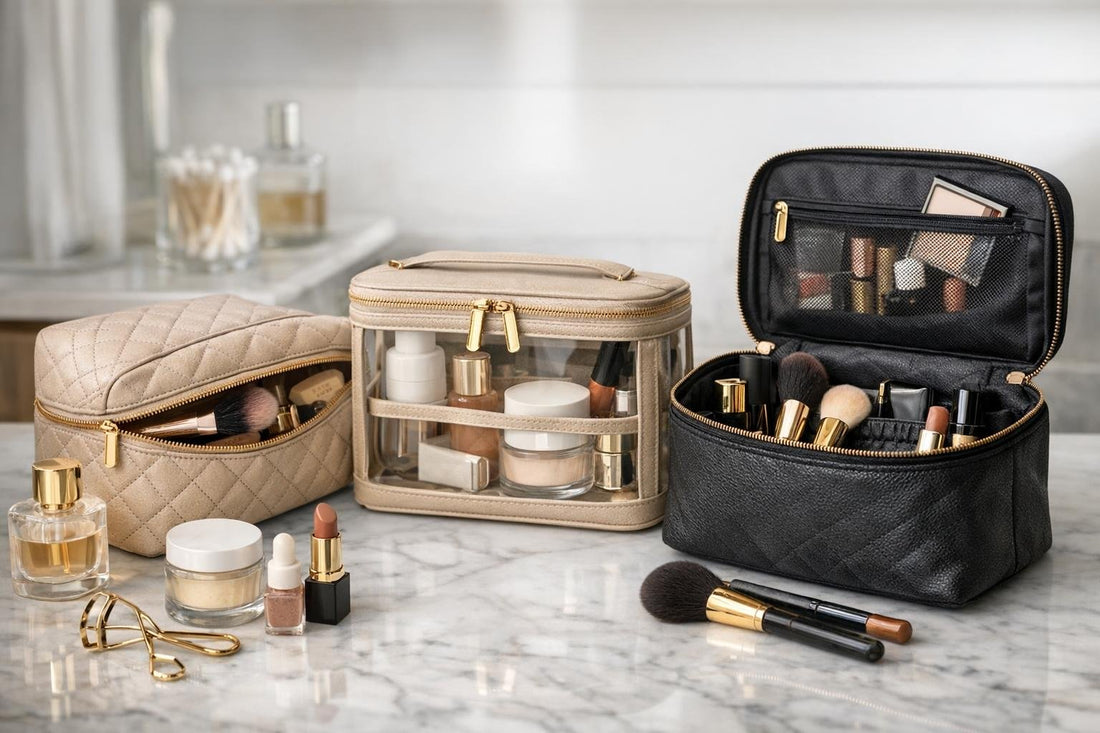 Seasonal cosmetic bag organizer with makeup and brushes