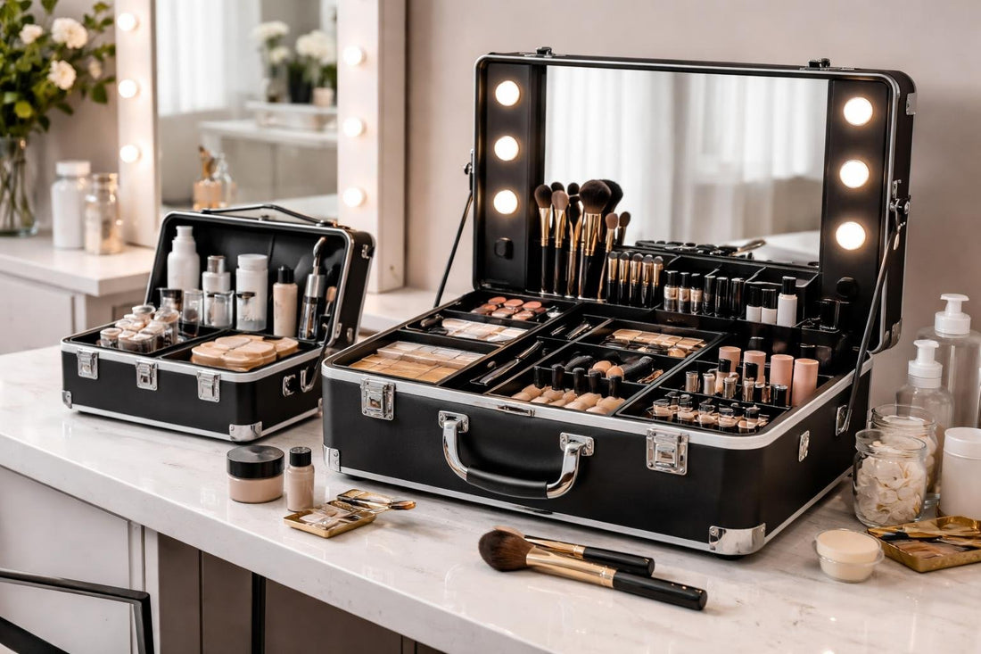 Neat cosmetic display case setup on salon station