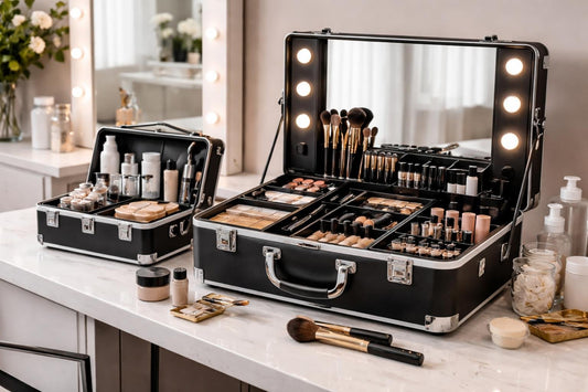 Neat cosmetic display case setup on salon station