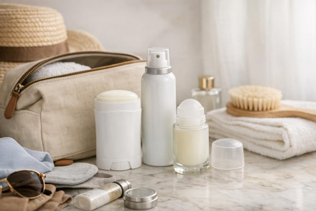 Seasonal antiperspirant deodorant essentials packed for travel bag
