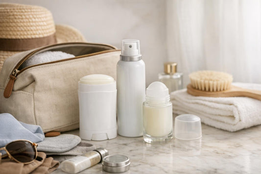 Seasonal antiperspirant deodorant essentials packed for travel bag