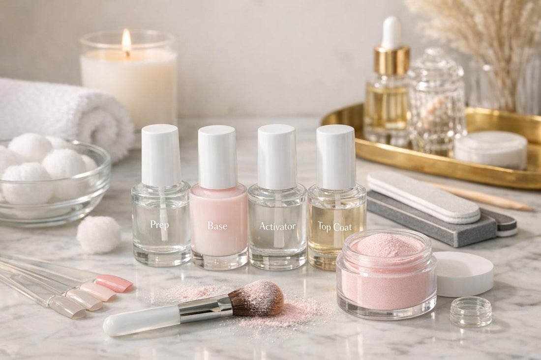 At-home dip manicure essentials arranged for seasonal nail care