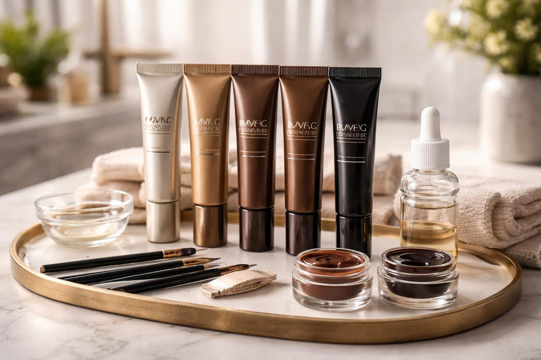 Professional eyebrow color shades arranged for seasonal brow tinting