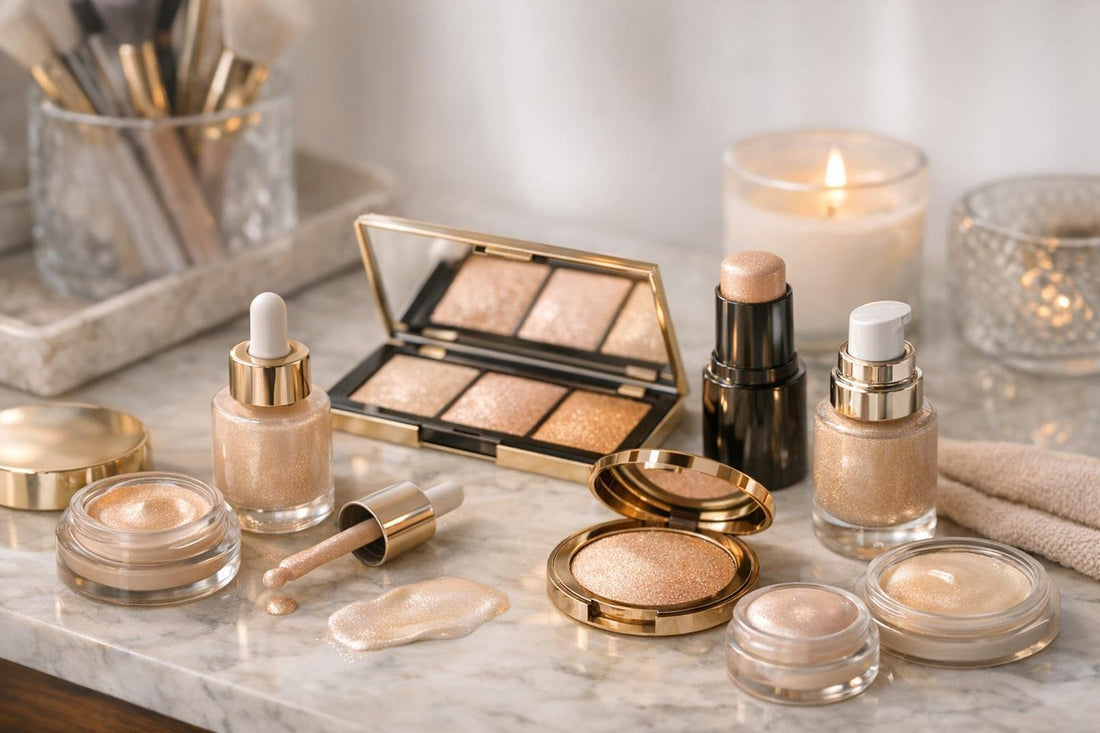 Assorted face highlighters and luminizers creating a soft seasonal glow