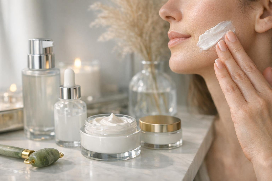 Seasonal facial contour cream applied to cheek and jawline