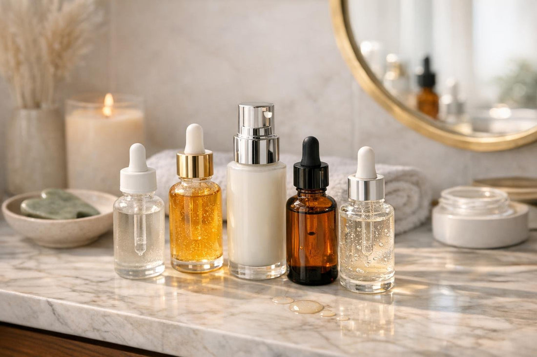 Facial serums lined up for seasonal glowing skin