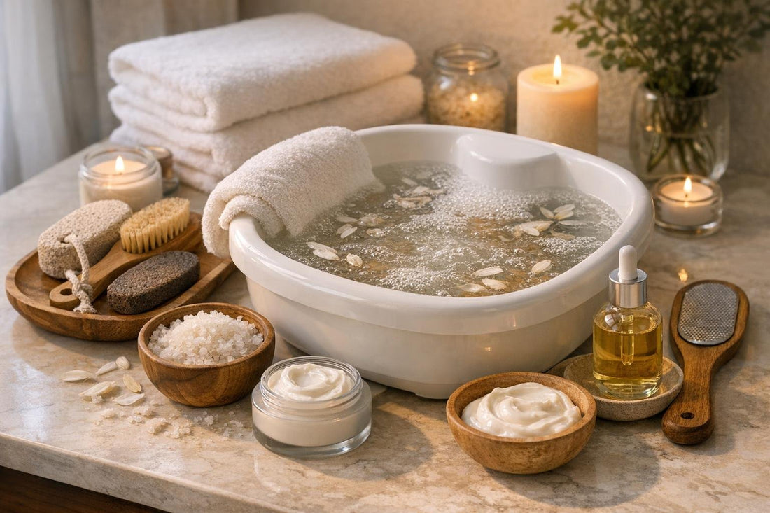 Warm foot bath with exfoliating tools and moisturizer at home