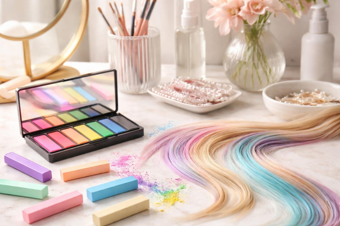 Temporary hair chalk colours applied in seasonal streaks