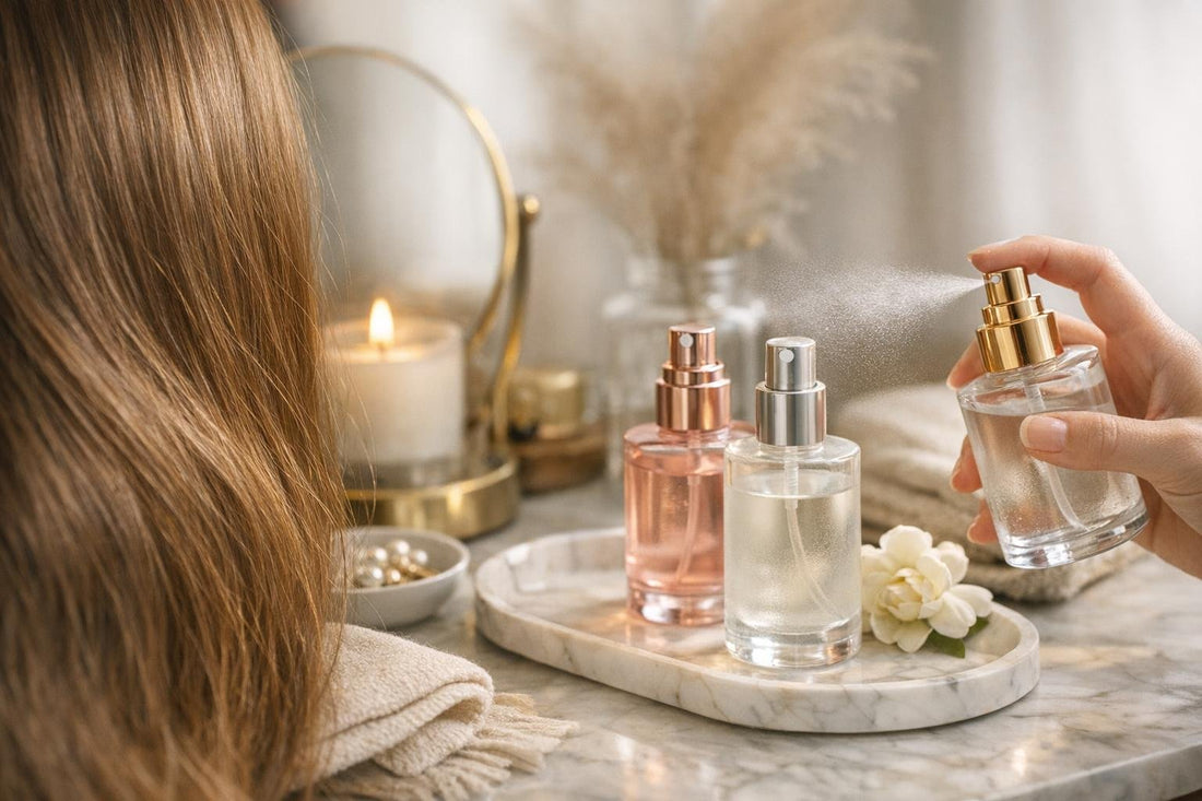 Seasonal hair fragrance mist on brushed hair in Canada