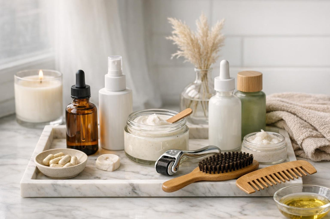 Seasonal scalp routine with hair regrowth treatment options