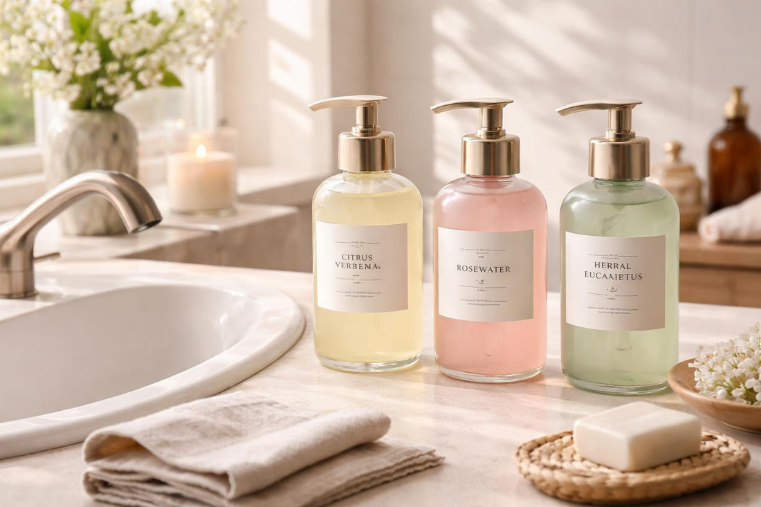 Seasonal hand wash bottles beside sink for daily use