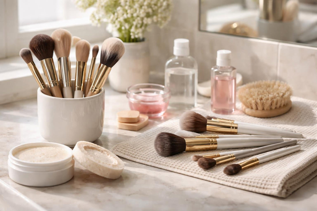 Clean makeup brushes drying after seasonal deep cleanse