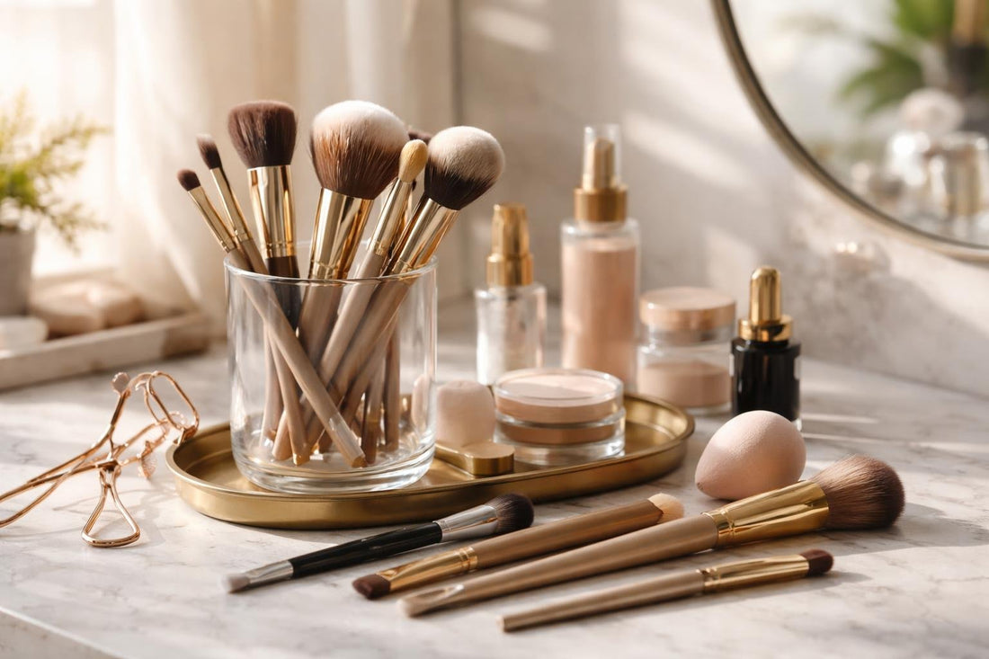 Assorted makeup brushes and tools for seasonal looks